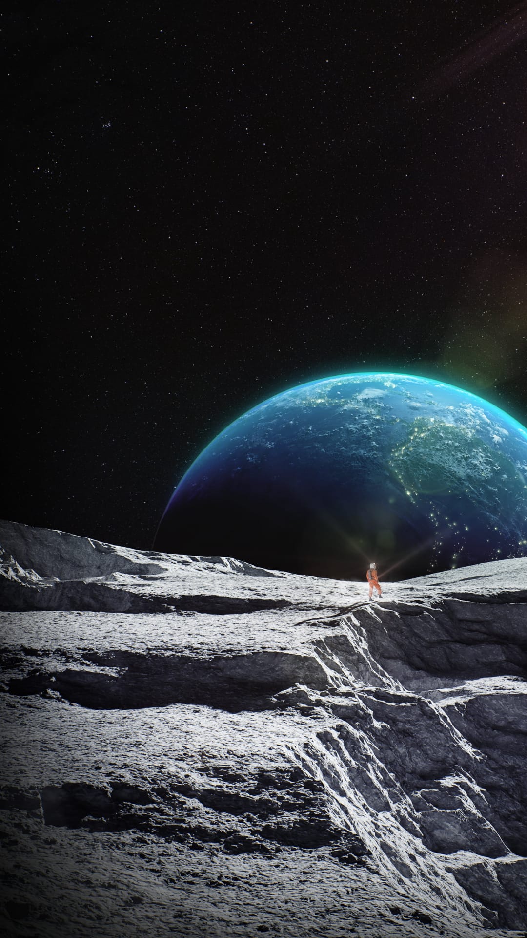 Astronaut in an orange suit stands on the rocky Moon looking at Earth glowing with city lights in deep space.