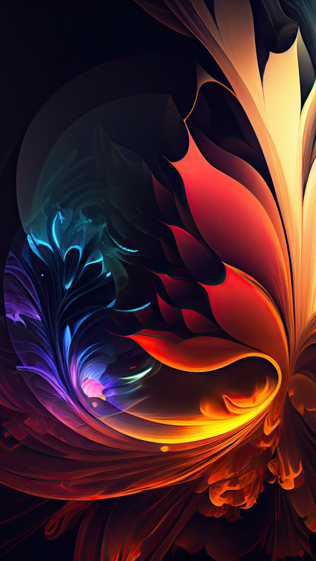 Glowing fiery flower petals with swirling ribbons of red, orange, and blue light on a dark background.