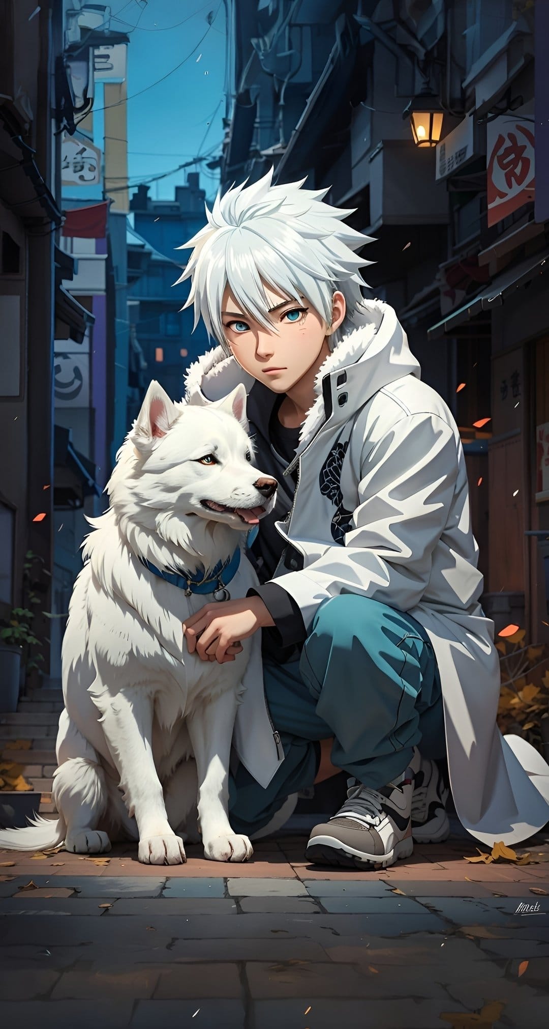 A white-haired boy with blue eyes kneels to pet a fluffy white dog on a narrow Japanese street with lanterns.