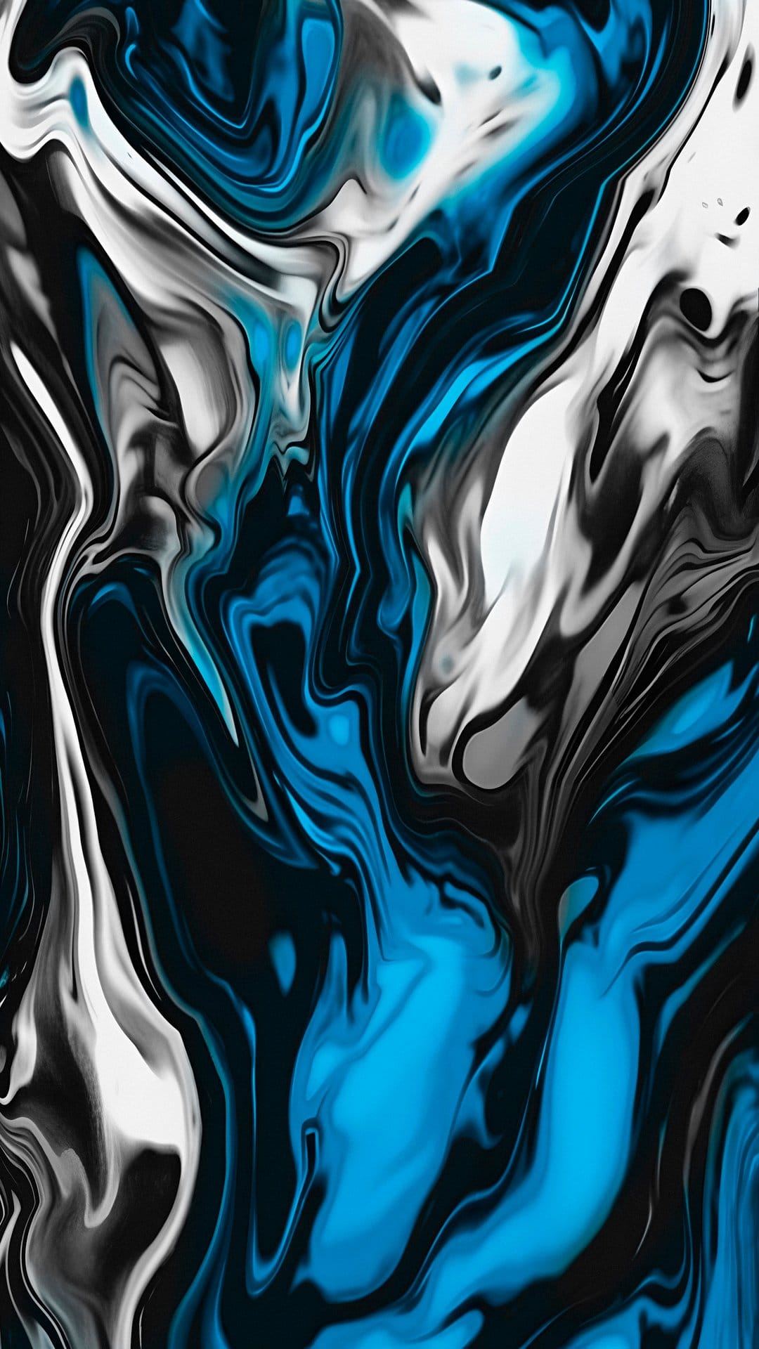 Blue and black liquid ink swirls blend with white marbling to create a dynamic and textured flowing pattern.