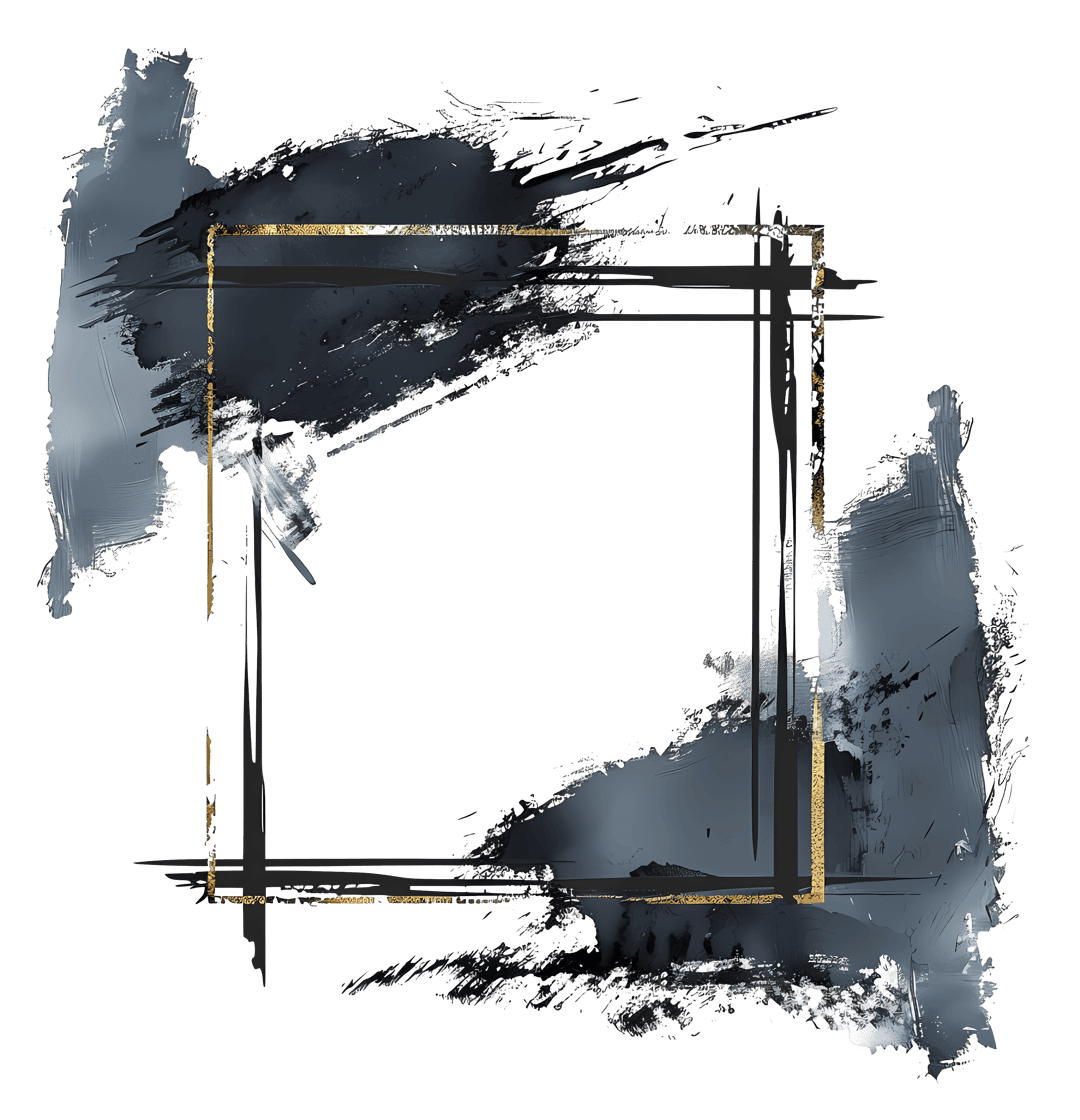 Abstract gold frame featuring black brush strokes and metallic foil textures on a transparent background.
