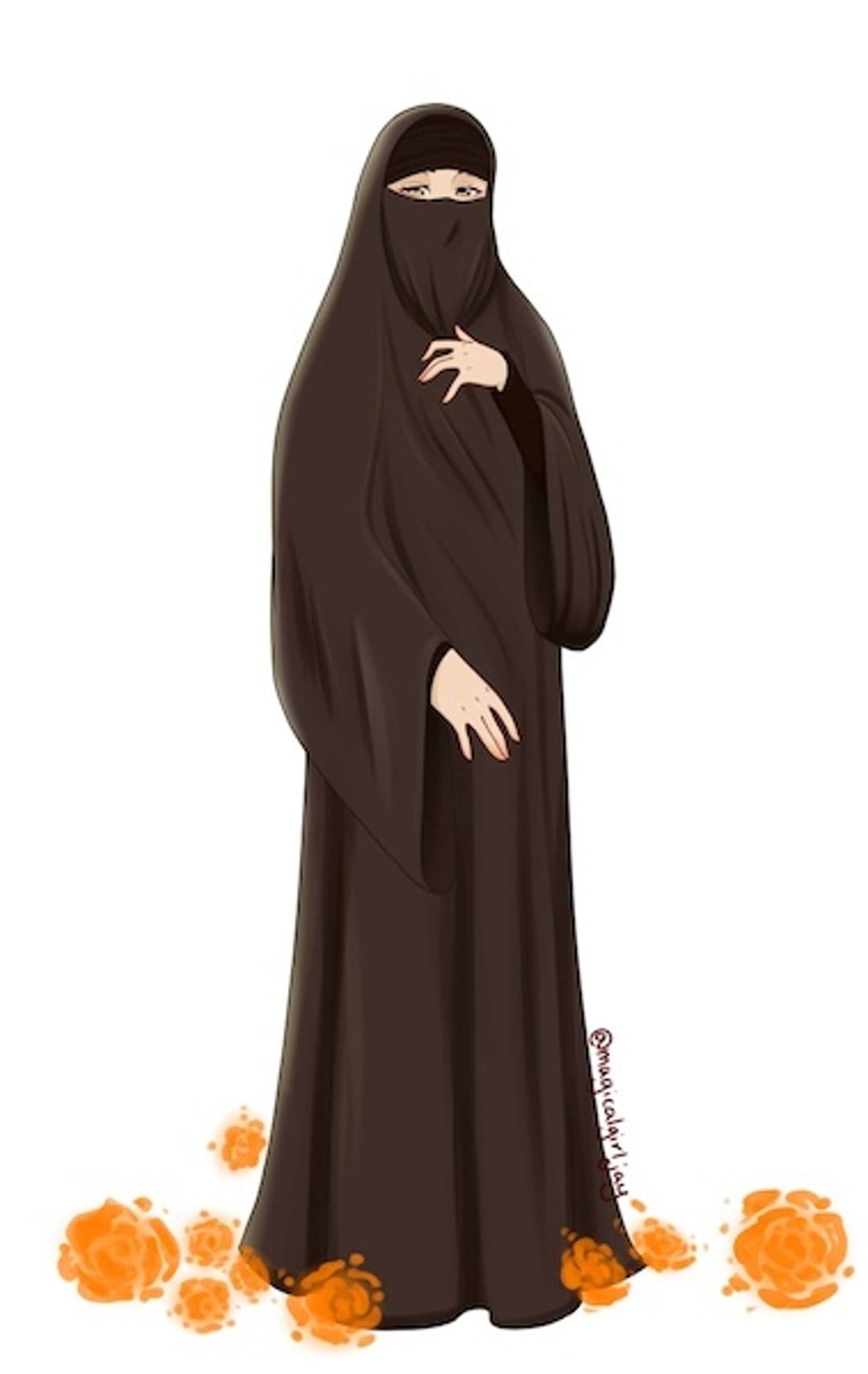 Woman wearing a dark brown niqab with visible eyes and hands standing above scattered orange roses.