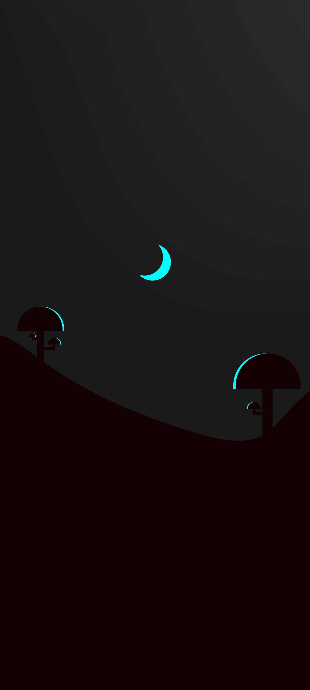 Luminous cyan crescent moon glows above dark silhouetted mushrooms on an undulating nocturnal landscape.