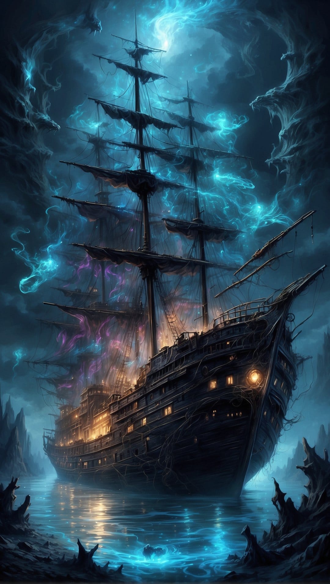 Ghostly galleon with torn sails glides through a luminescent nebula and glowing waves in a vertical scene.