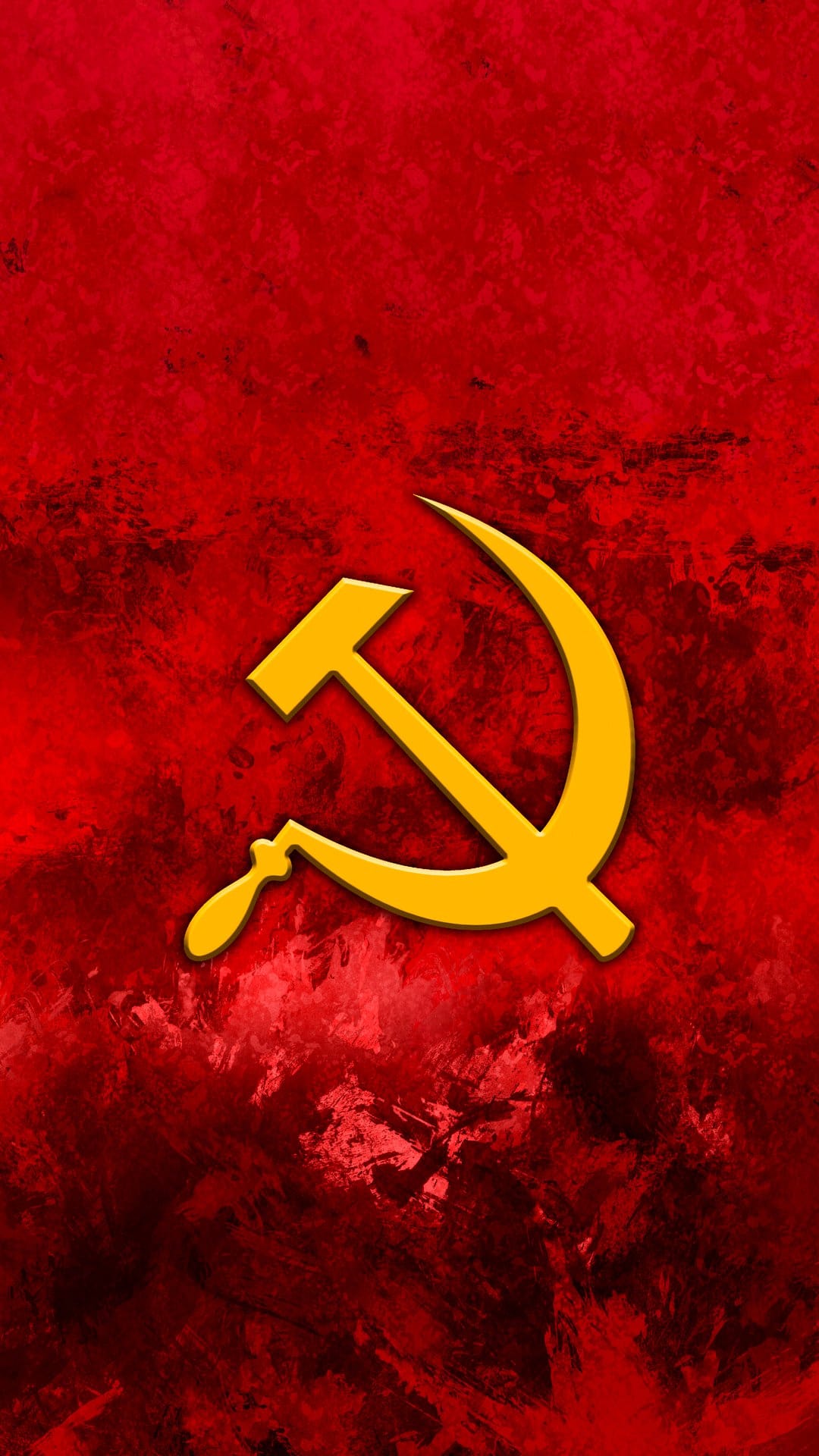 Hammer and sickle in bright yellow against a textured, dark red surface with distressed industrial wear.