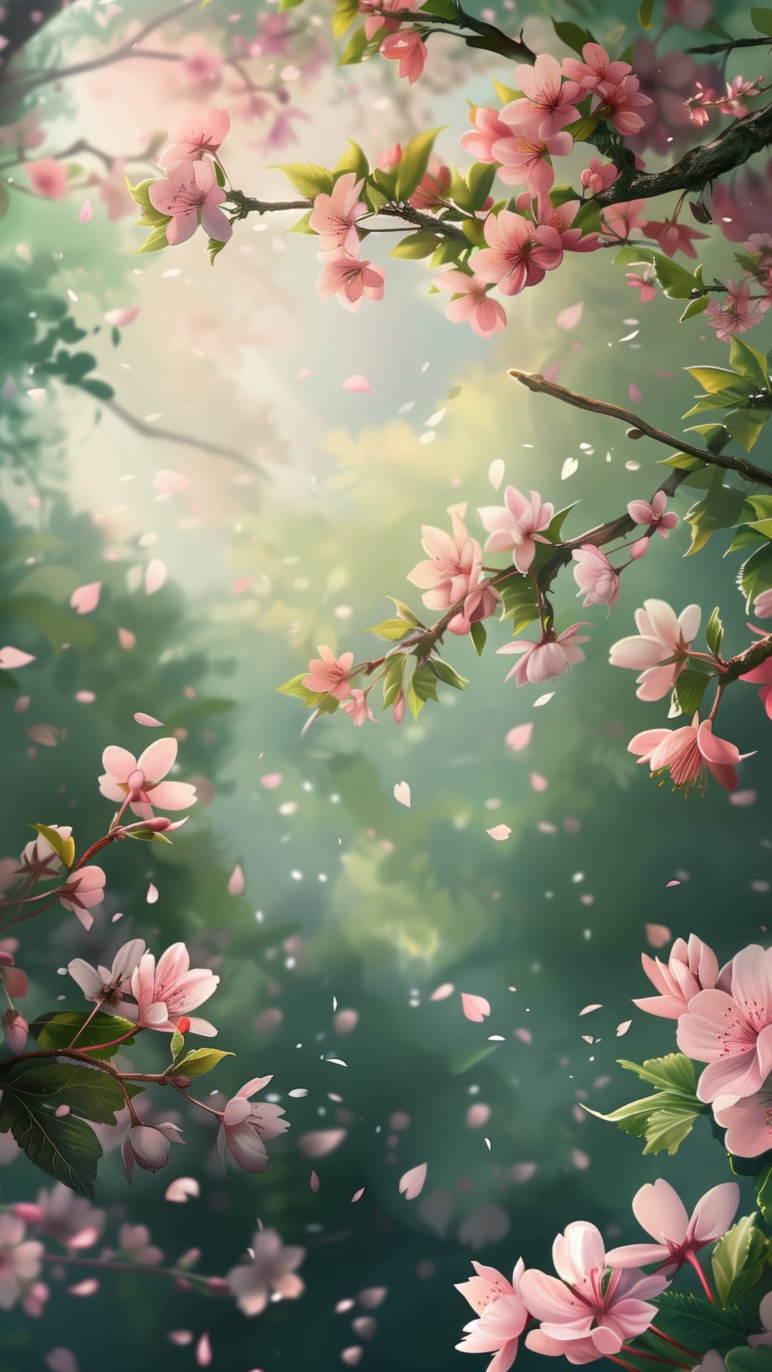 Pink cherry blossoms fall from blooming branches in a sunlit forest with soft light filtering through green leaves.