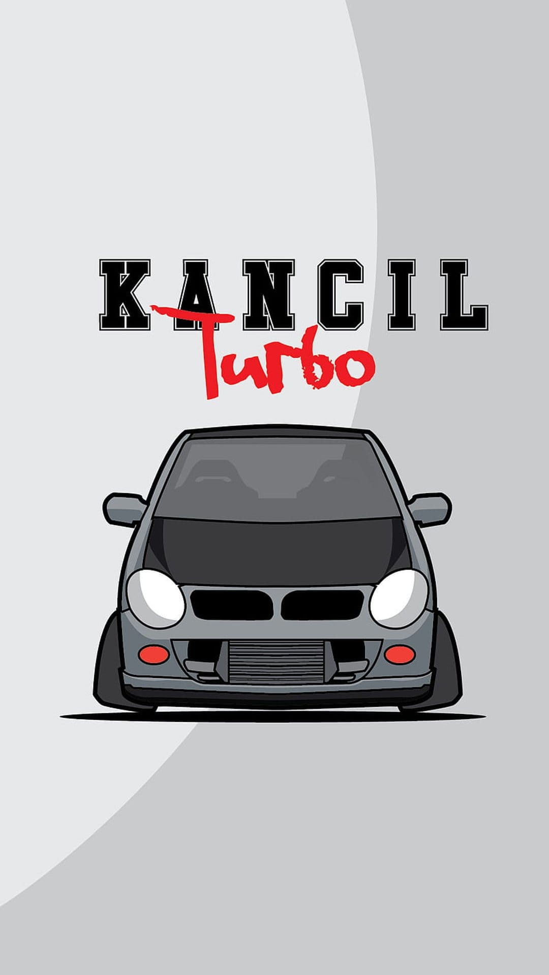 Kancil car illustration with bold black lettering and a red strike-through against a grey gradient background.