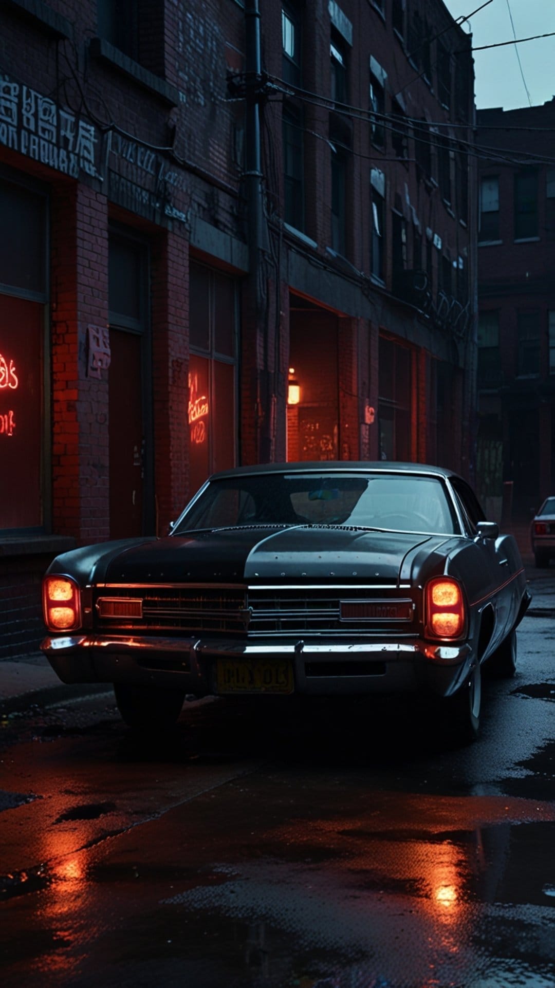 Black vintage car parked in a dark rainy alleyway with red neon sign reflections on the wet asphalt and hood.