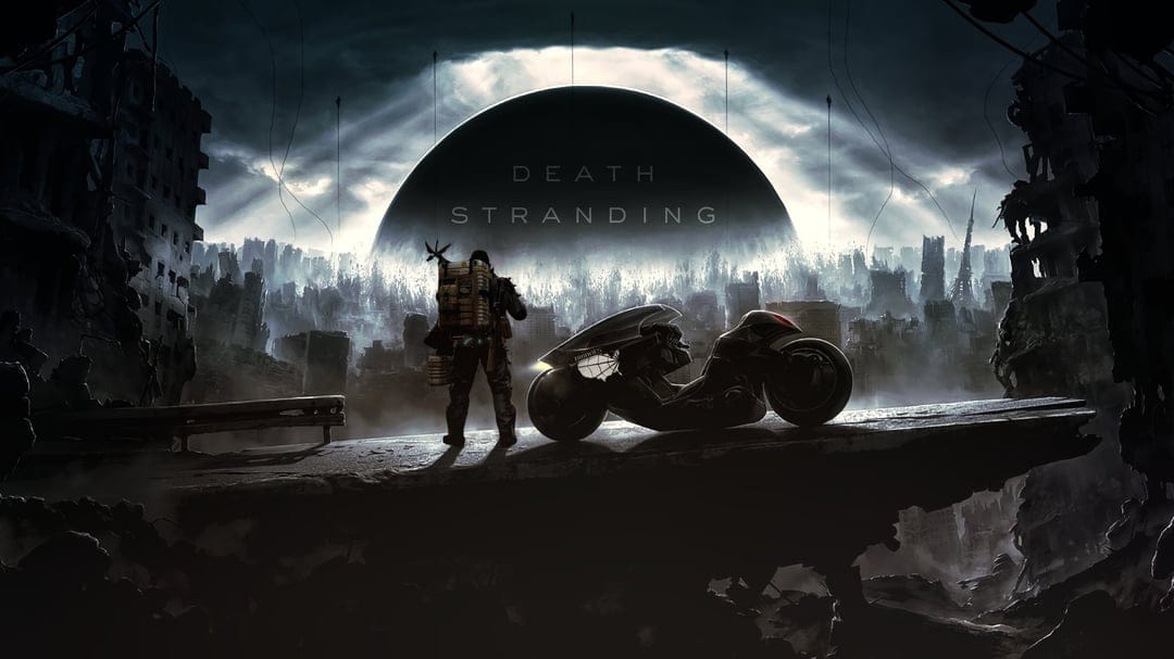 A survivor stands by a futuristic bike on a ruined highway overlooking a dark, devastated city.