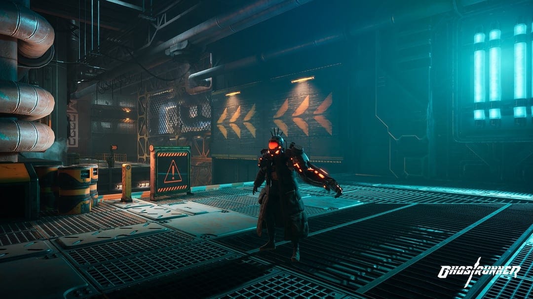 Cyborg with glowing red visor stands in a cyan-lit industrial hall with metal pipes and floor grates.