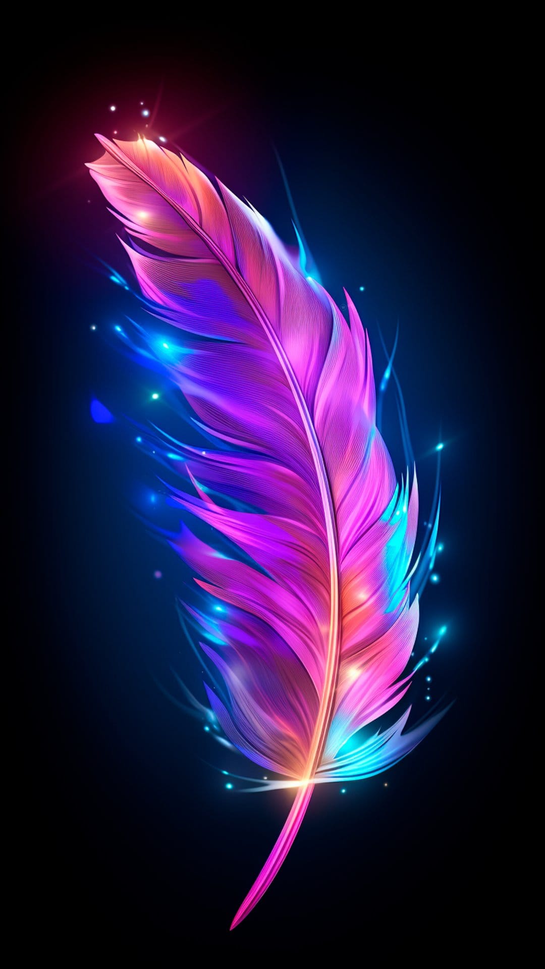 Iridescent pink and blue neon feather floating amidst glowing light sparks against a solid black background.