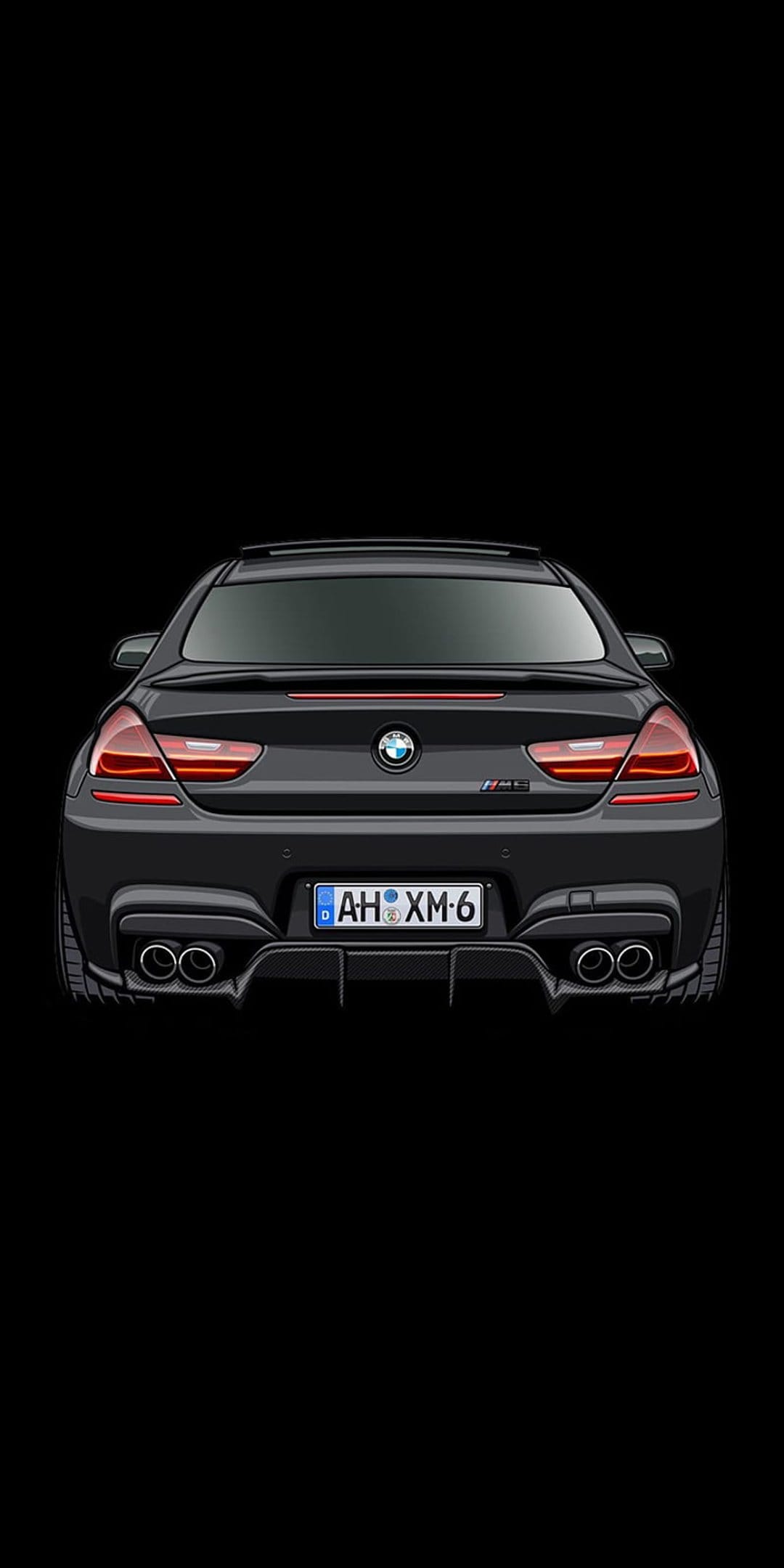 Black BMW M6 convertible rear view with quad exhausts, LED taillights, and AH XM-6 license plate visible.