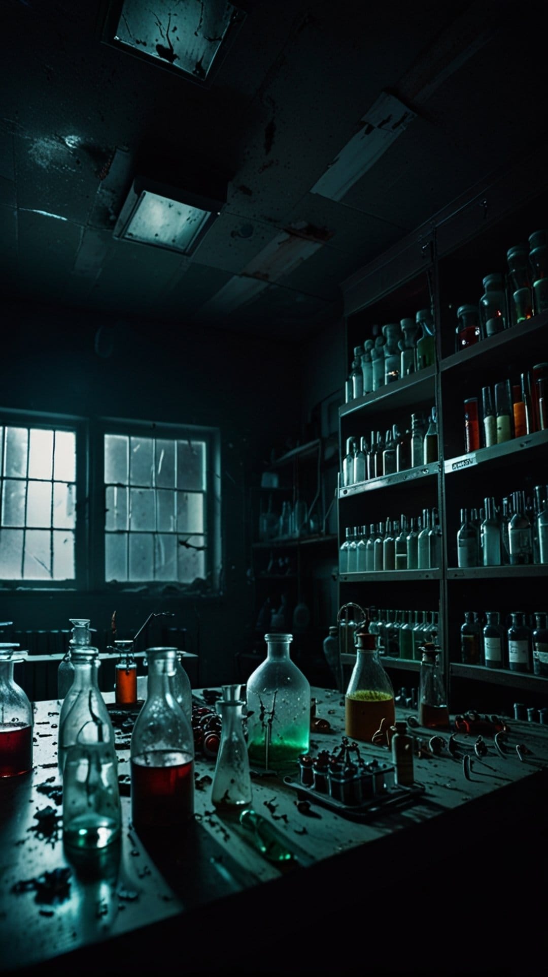 Glowing green vial on a wooden workbench inside a dark, abandoned laboratory with cracked glass window panes.