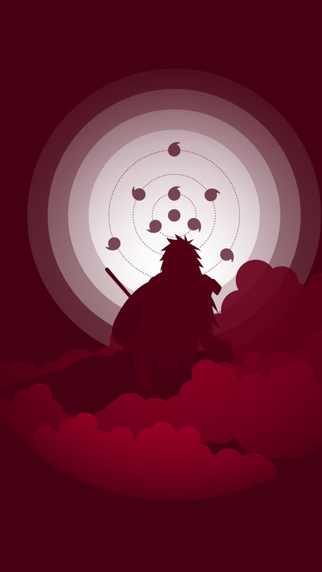 Madara Uchiha silhouette stands before red clouds and a large moon with a Rinne Sharingan eye pattern.