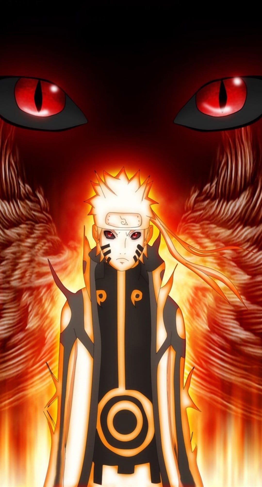 Naruto Uzumaki radiates orange chakra energy with glowing red eyes and fiery tails against a dark, mystical void.