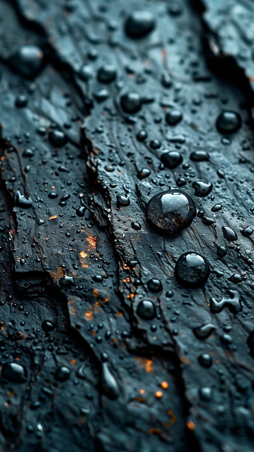 Clear water droplets resting on a dark, textured slate surface with subtle orange mineral specks and highlights.