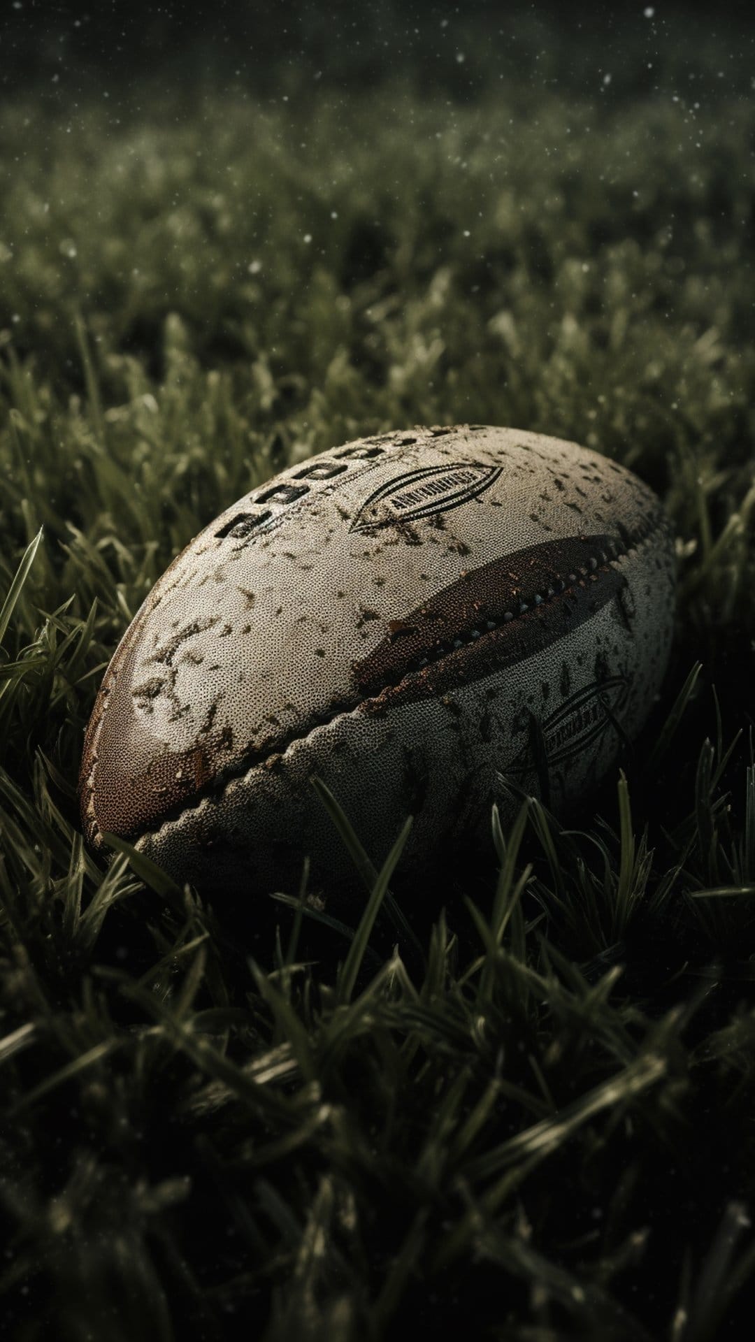 Rugby ball with water droplets on its surface sits in dark green grass on a wet, out-of-focus playing field.
