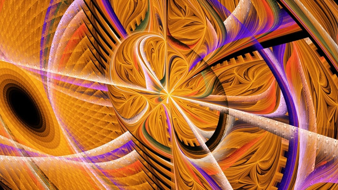 Glowing golden spirals and violet light paths radiate from a bright central starburst in a vertical flow.