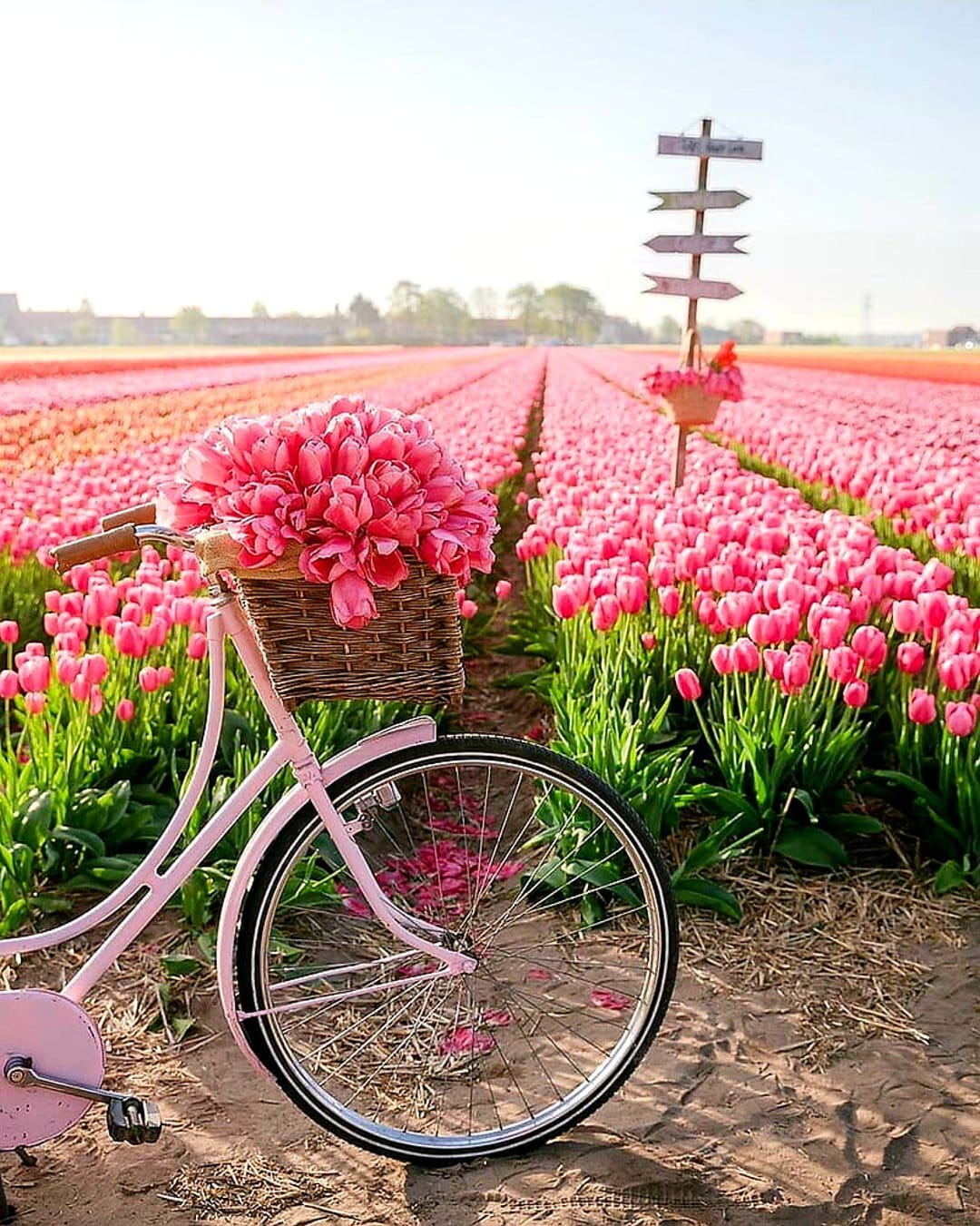 Pink vintage bicycle with a tulip basket stands in a vast field of blooming flowers near a wooden signpost.