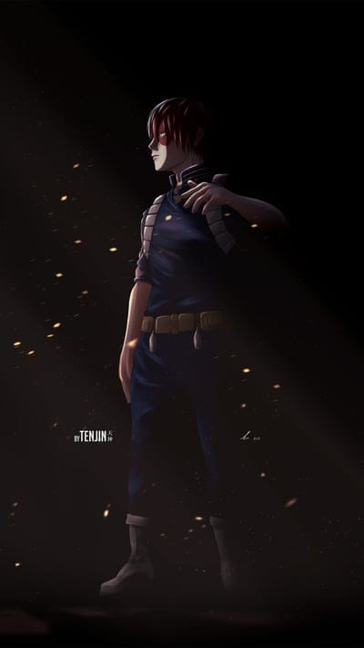 My Hero Academia, Shoto Todoroki, Anime, Dark Background, Glowing Embers, Character Art, Digital Painting, Fan Art, Hero, Solitary, MHA, Intense, Half-Face, Quirk, Fire and Ice