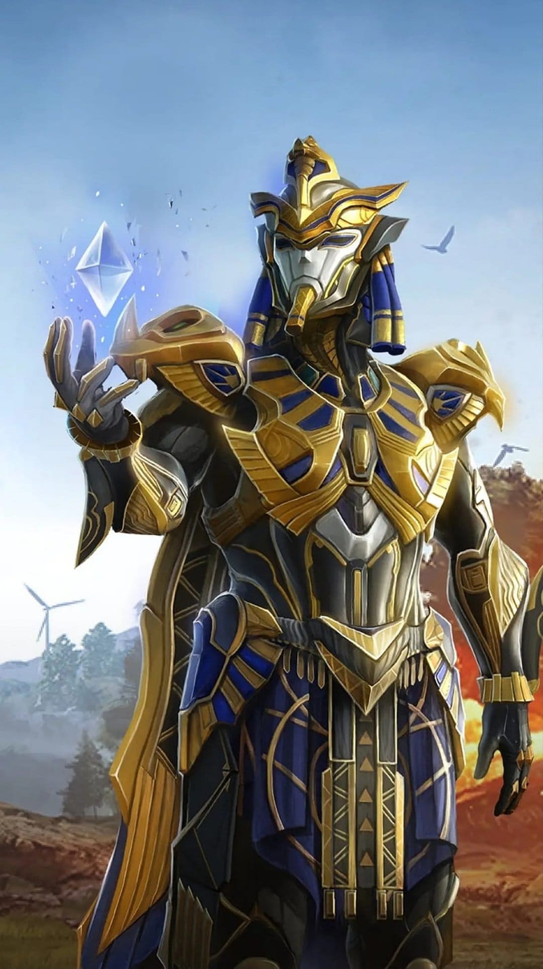 Egyptian warrior in gold and blue armor holding a glowing blue crystal with a sky and windmill background.