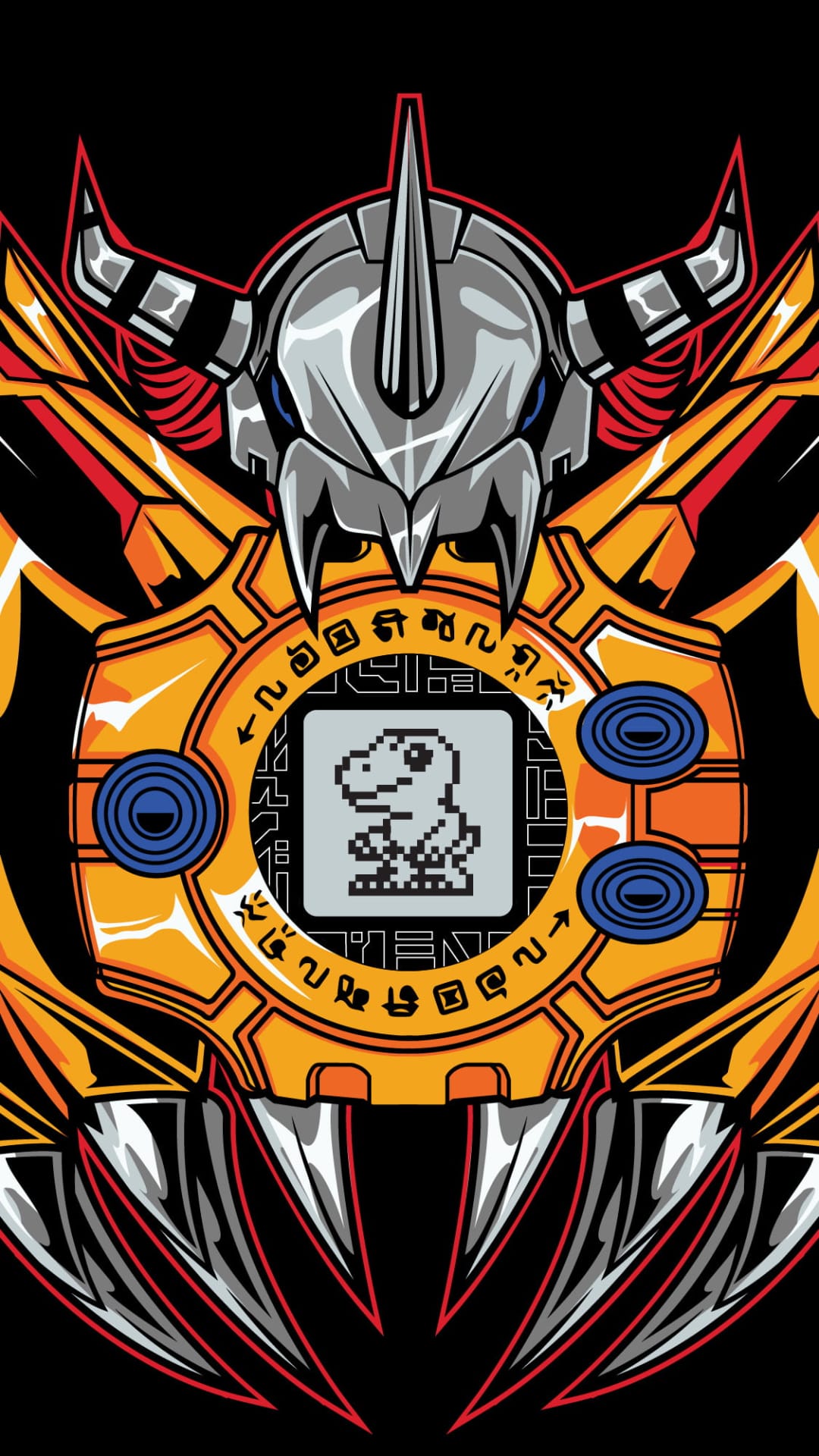 Agumon portrayed with blocky graphics inside a mechanical Digivice with glowing orange wings and metal gears.