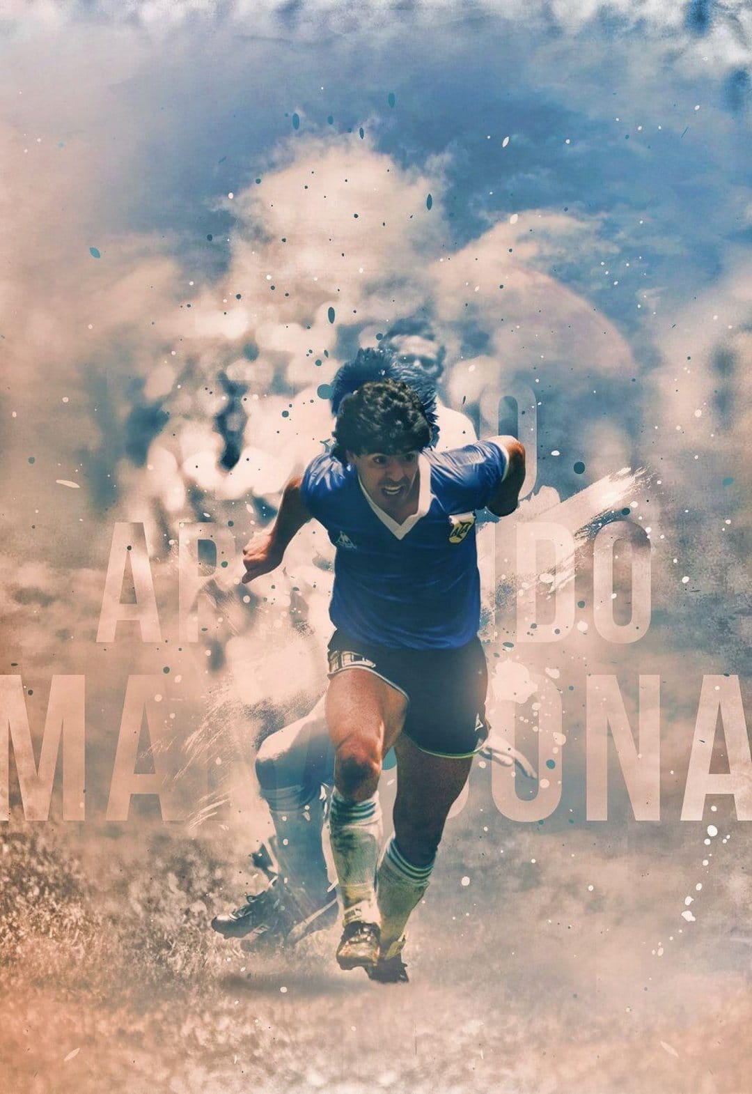 Diego Maradona sprints mid-dribble amidst ethereal white smoke and hazy lighting on a vertical backdrop.