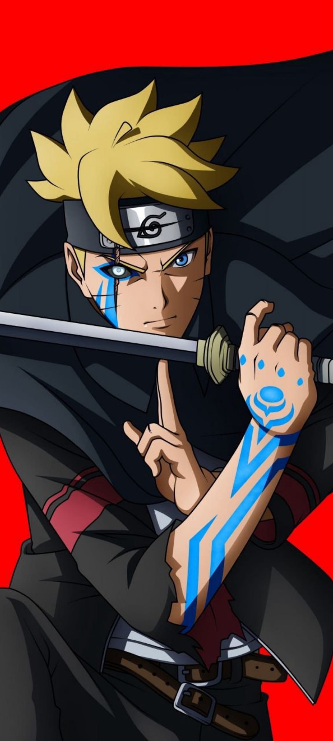 Boruto Uzumaki holds a sword with a glowing blue Karma mark on his arm against a solid red background.