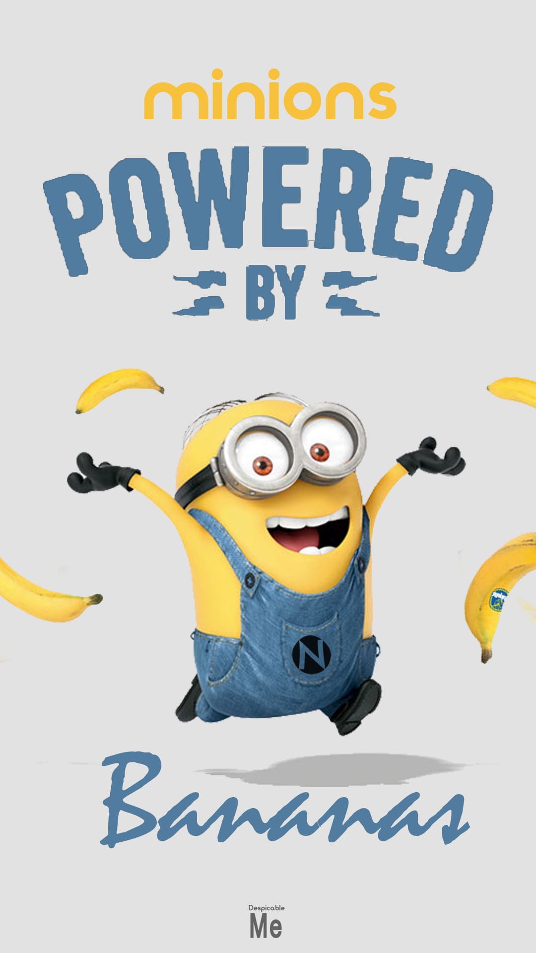 Yellow Minion with goggles raising its arms while surrounded by floating yellow bananas and bold black text.