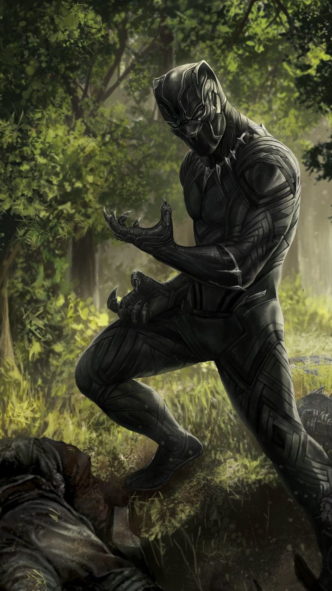 Black Panther crouches in a sunlit forest with claws extended, surrounded by lush green foliage and sunbeams.