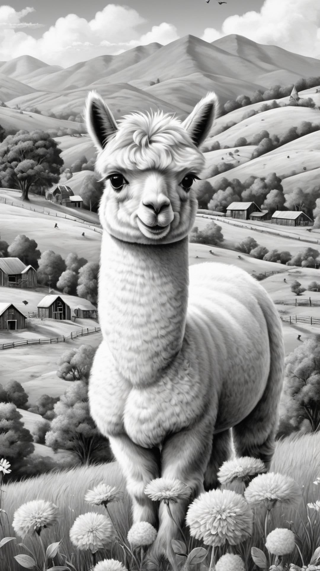 Alpaca standing in a flower field before mountain peaks and farmhouses in a black and white vertical landscape.