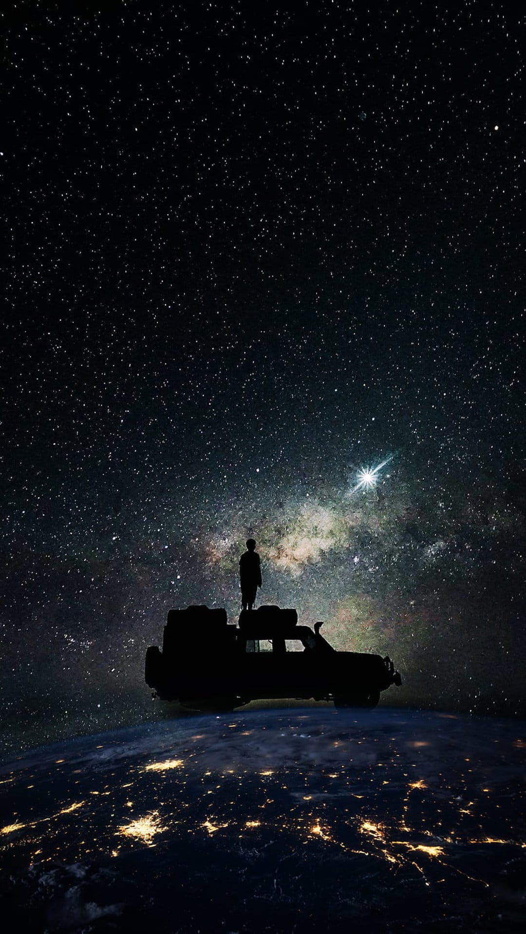 Person standing on a car roof overlooking the glowing nocturnal Earth and a vibrant purple Milky Way galaxy.