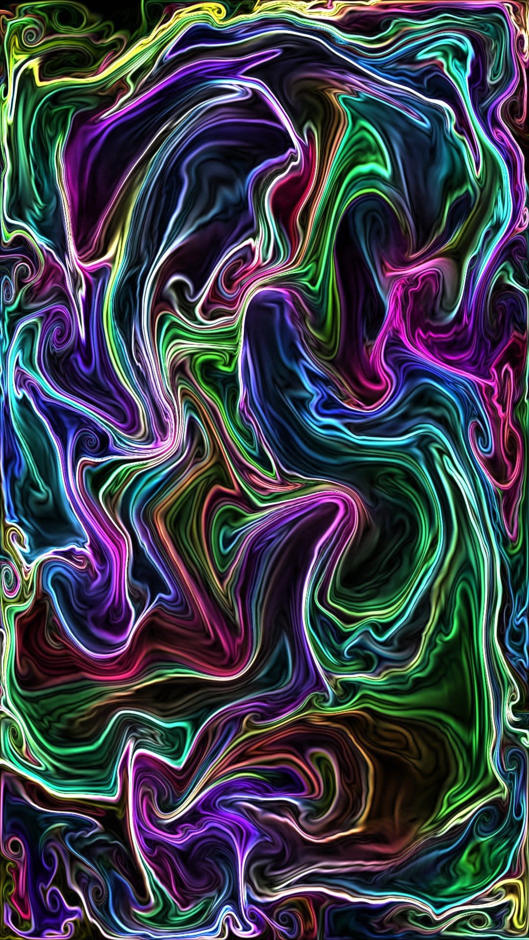 Glowing electric blue, green, and pink swirls intertwine against a black background with soft light trails.