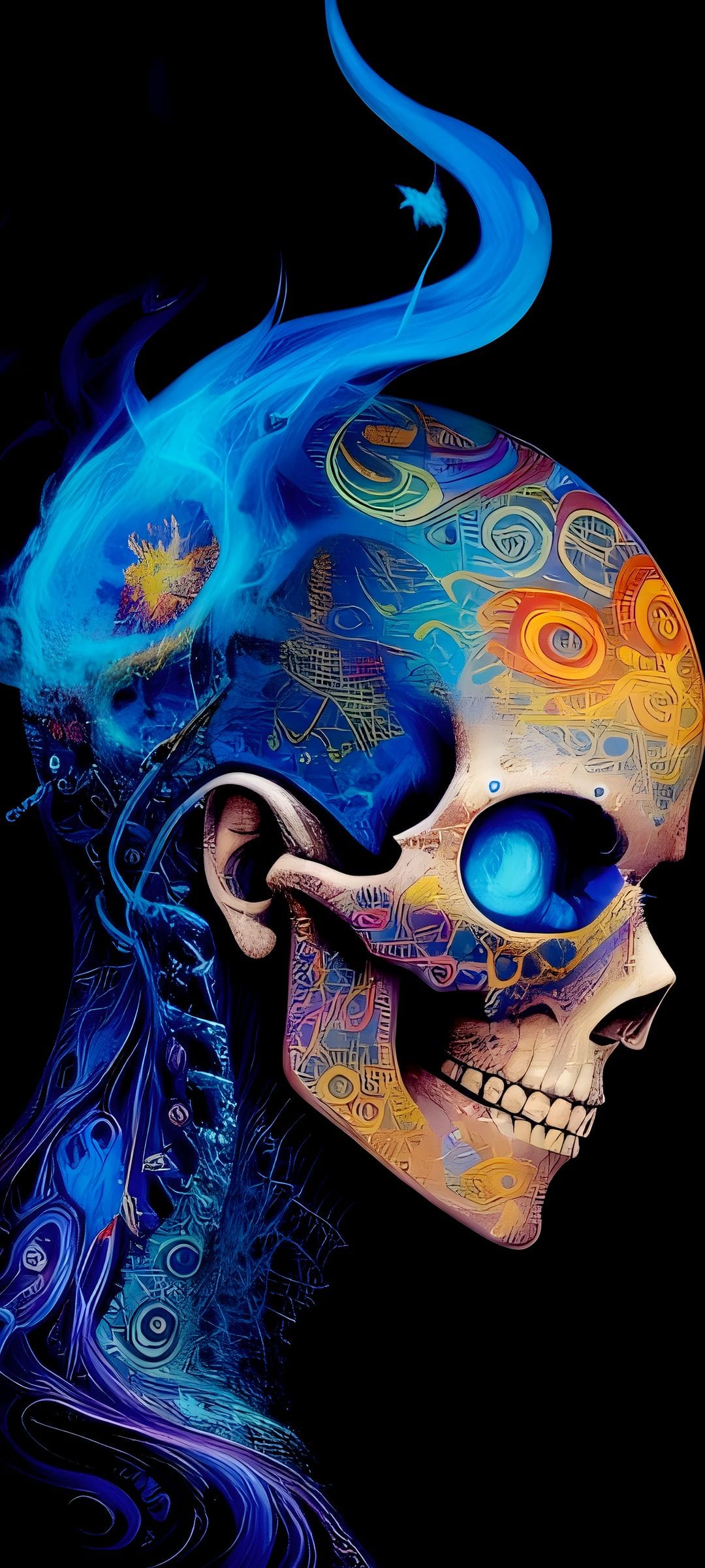 Skull decorated with colorful patterns and glowing blue eyes is surrounded by vibrant flames on a black background.