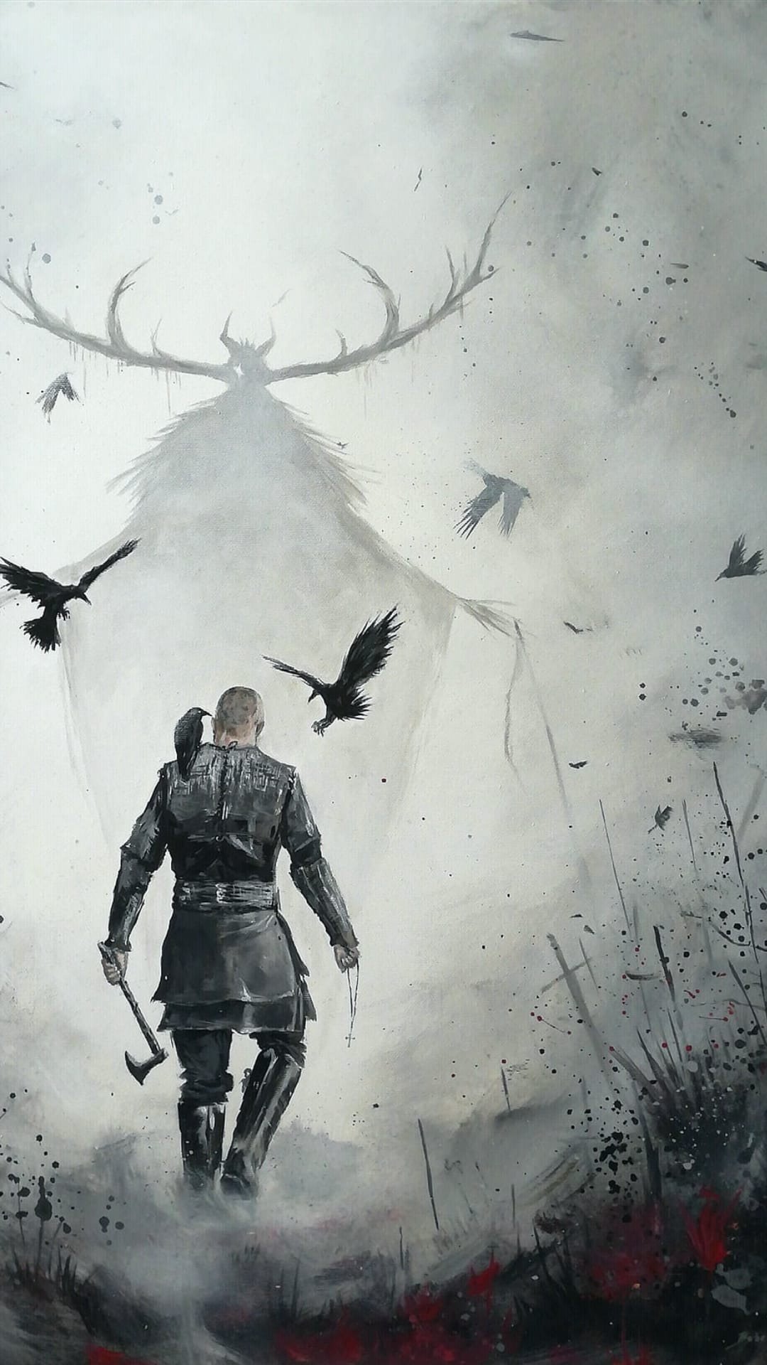 Hooded warrior with an axe faces a giant antlered monster as black birds circle in a misty, gray landscape.