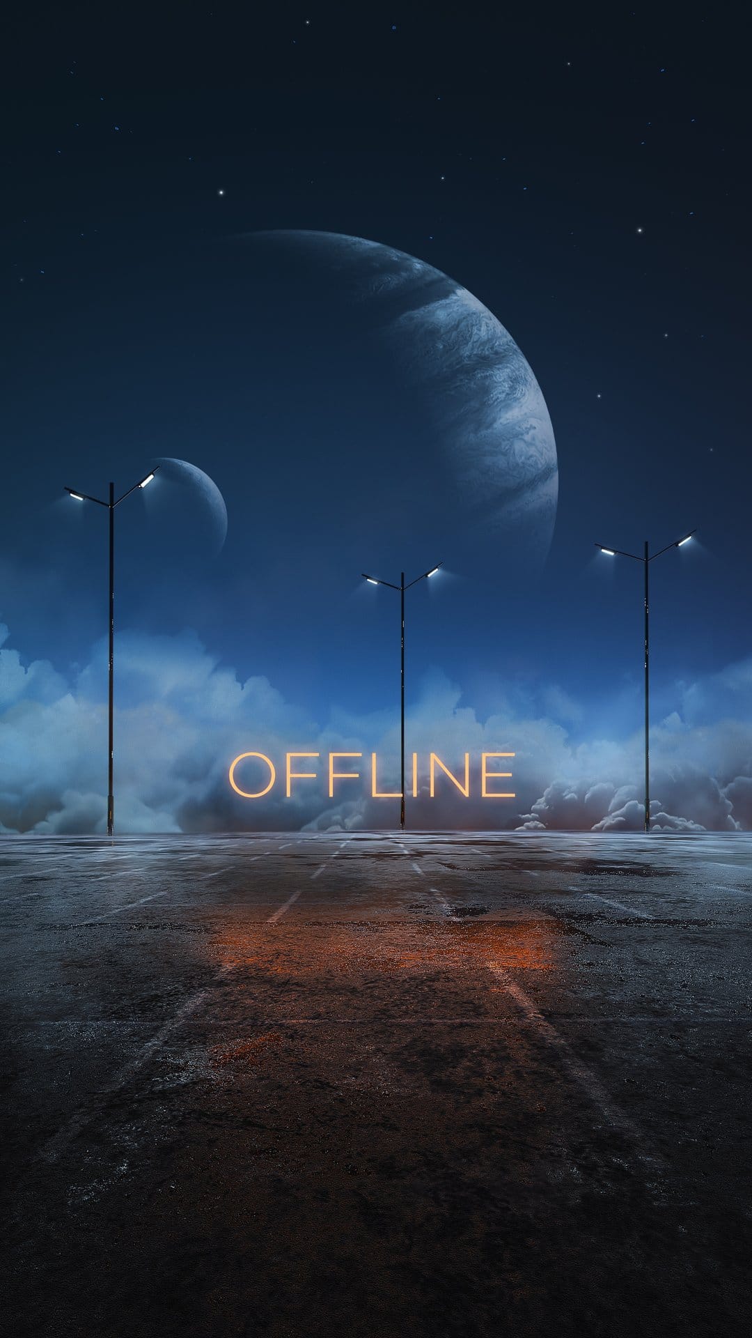 Glowing orange neon OFFLINE sign sits on a dark road beneath a massive striped planet and swirling cosmic clouds.
