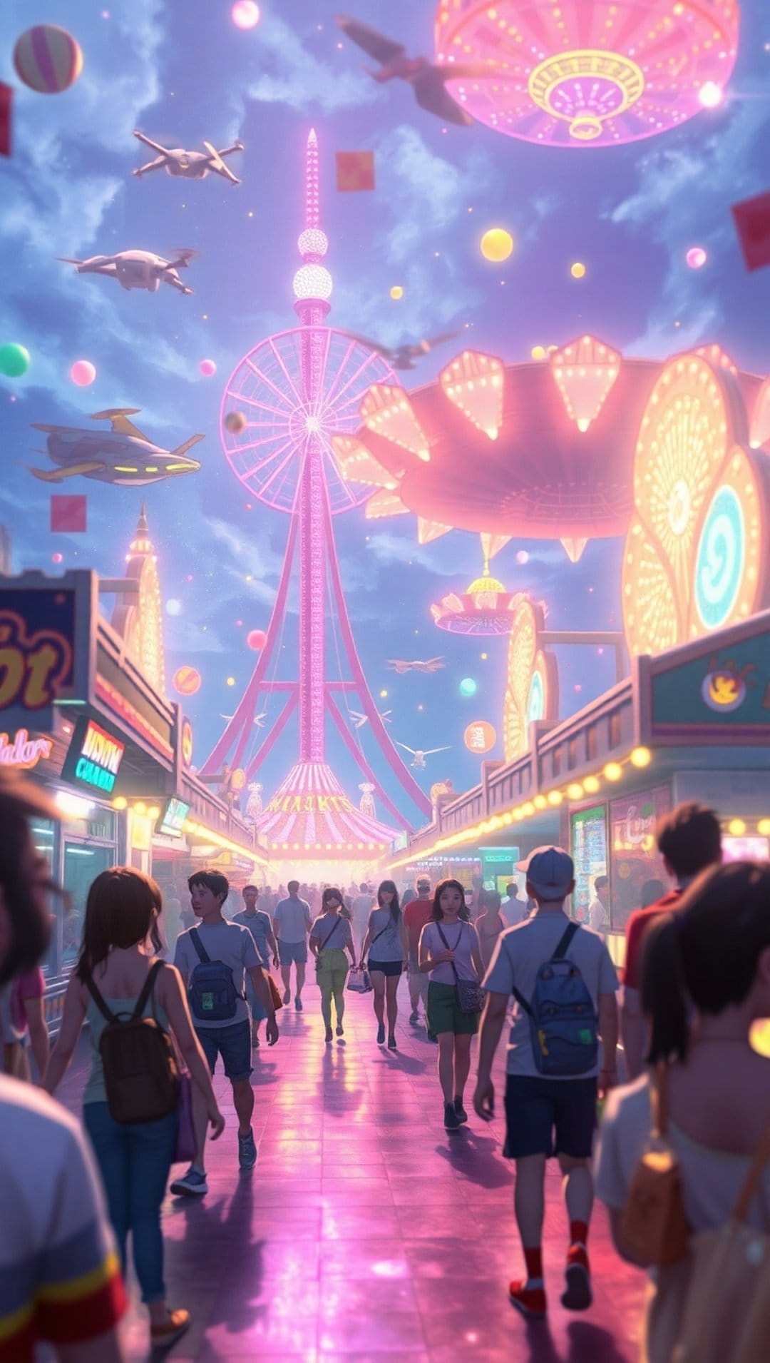 Pink Ferris wheel and neon carnival rides illuminate a crowded boardwalk under a deep purple twilight sky.