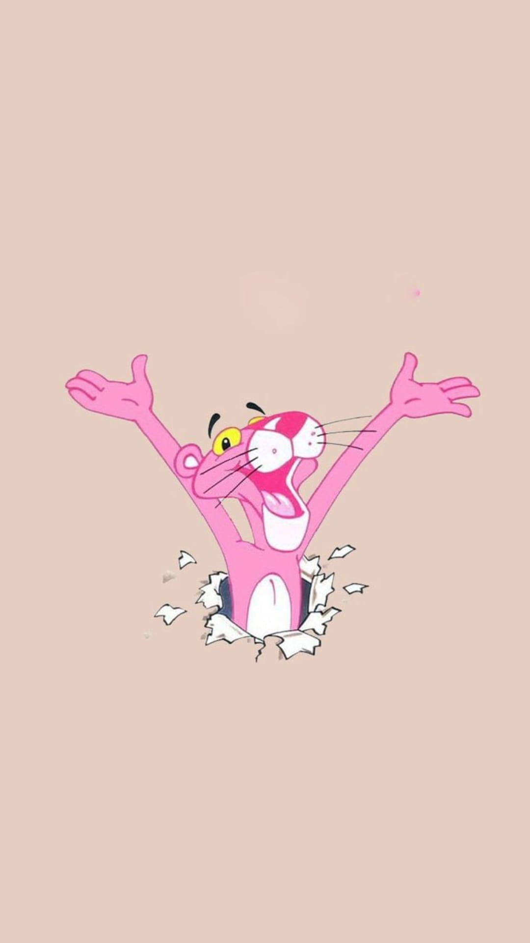 Pink Panther bursting through a torn white surface with arms raised and a wide smile on a vertical background.
