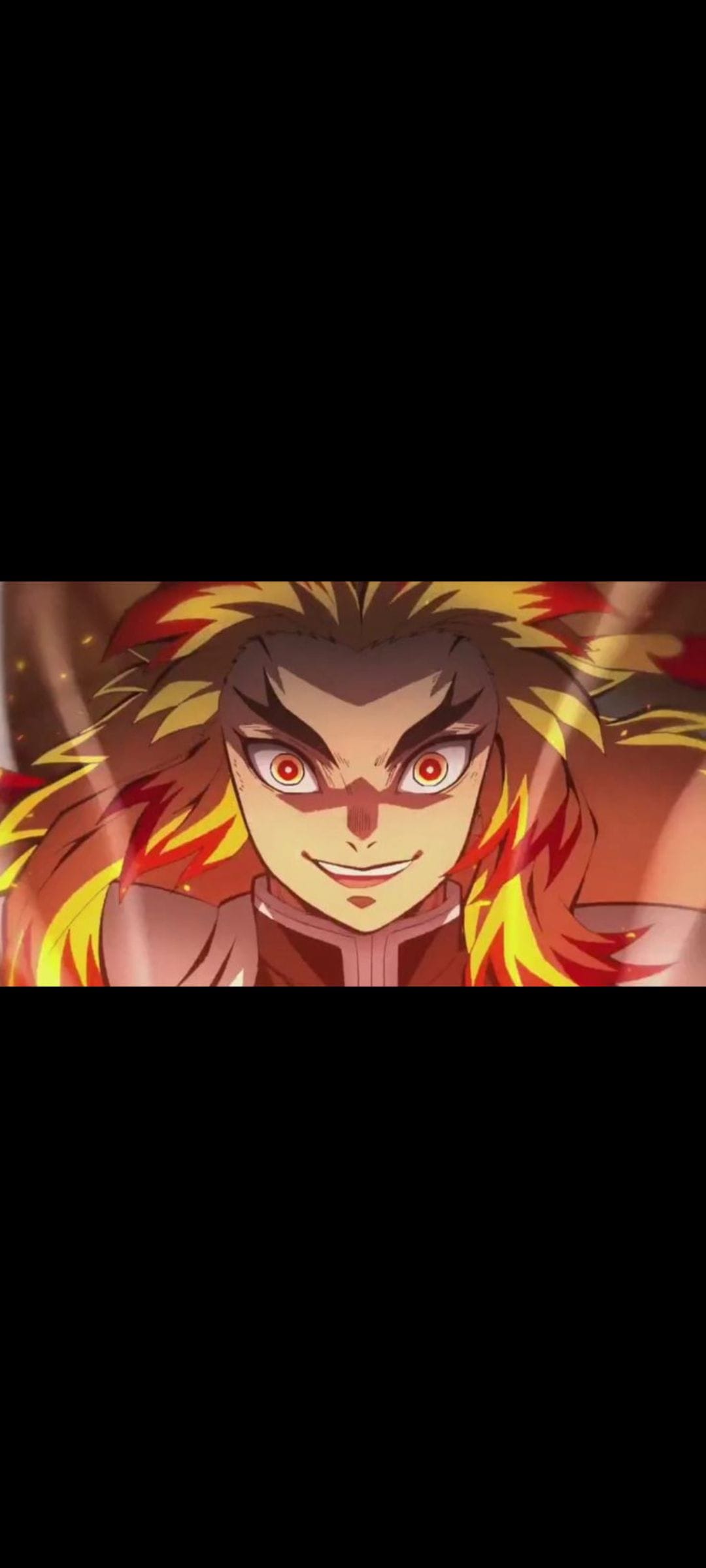 Flame-haired anime warrior with red circular pupils and a wide smile against a blurred orange fire background.