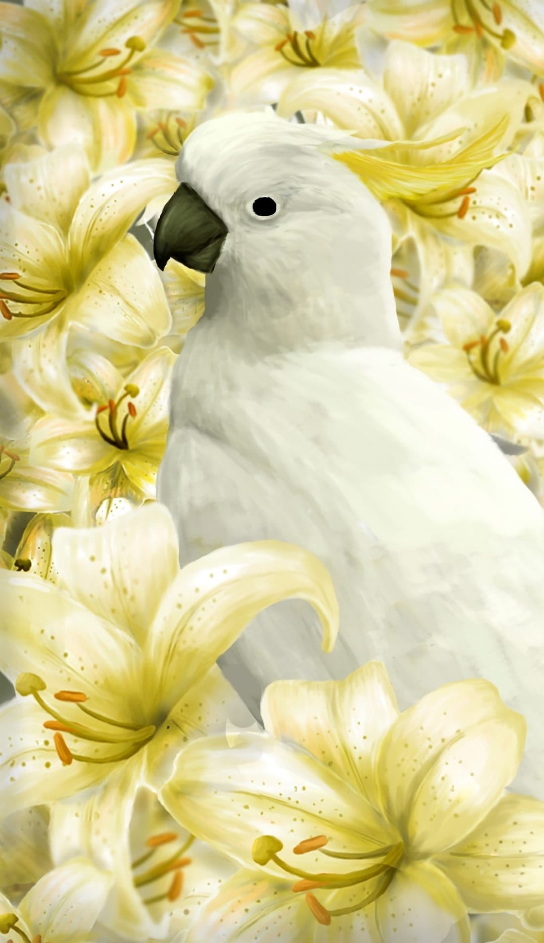 White cockatoo with a soft crest sits among blooming yellow lilies and green leaves under gentle lighting.