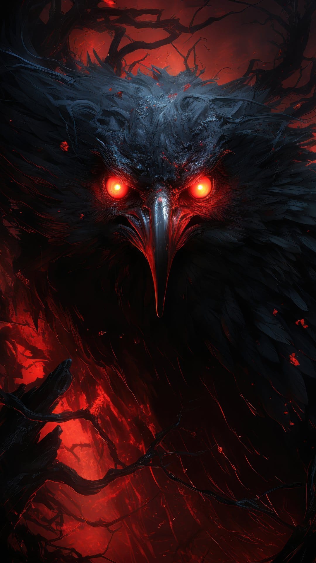 Mythical black bird with glowing red eyes sits among gnarled trees and floating embers in a dark landscape.