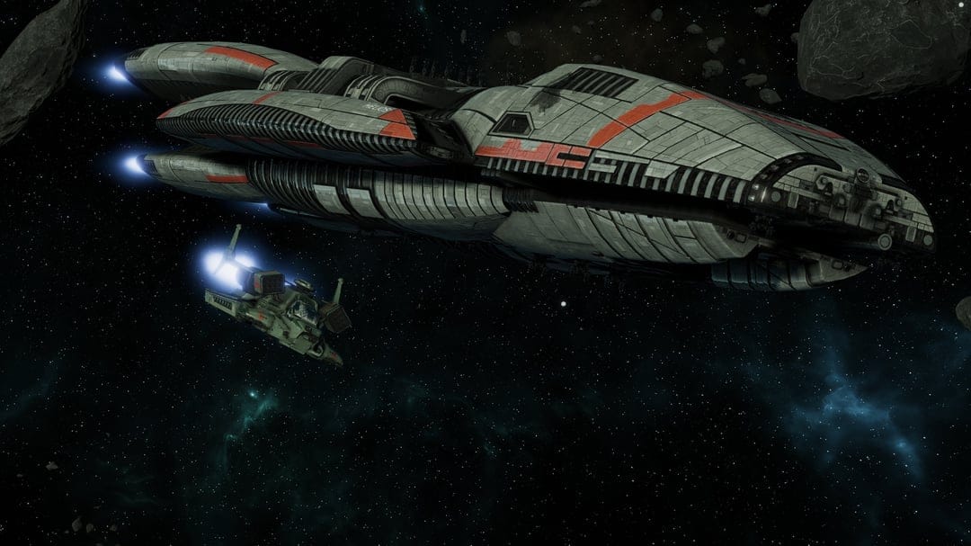 Large gray spaceship with red stripes and a smaller green fighter flying through a dark asteroid field in deep space.