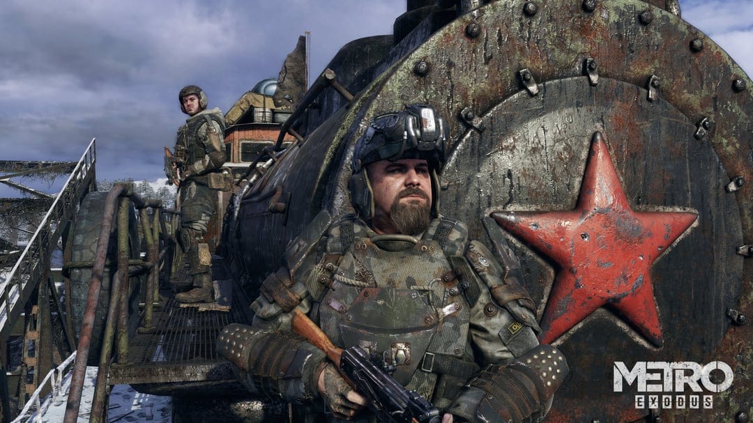 Miller and a Spartan Ranger stand by a rusted steam locomotive featuring a prominent red star in Metro Exodus.