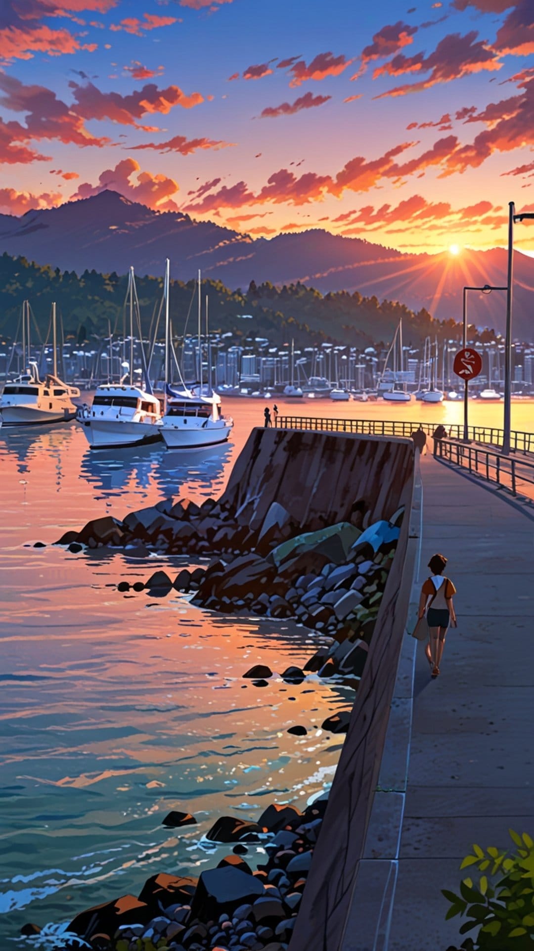 Lone traveler on a wooden pier overlooks sailboats in a harbor during a vibrant pink and orange sunset.