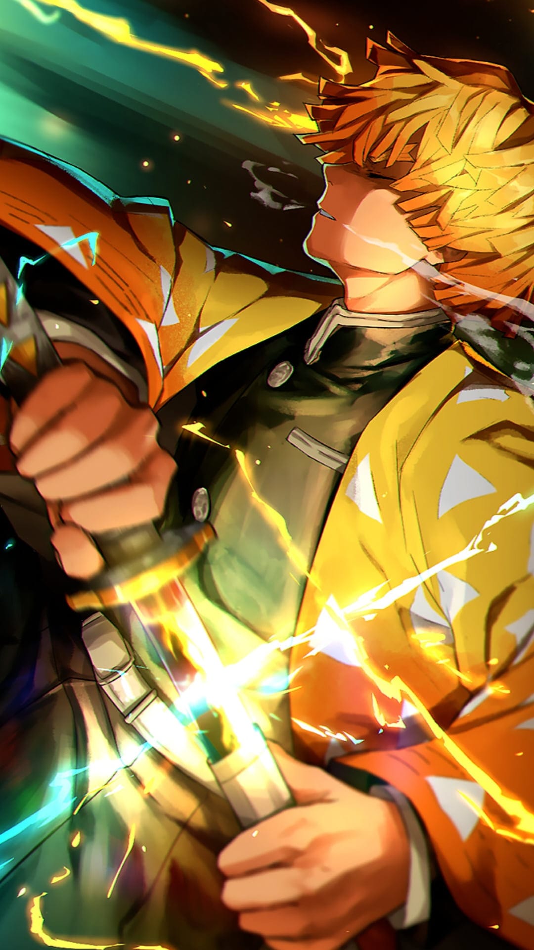 Zenitsu Agatsuma clutches a sword hilt as jagged yellow and blue lightning bolts erupt around his focused face.