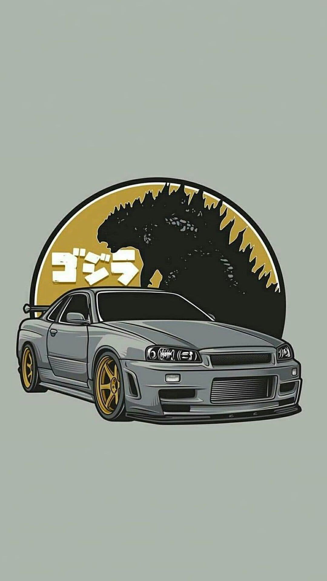 Grey Nissan Skyline GT-R parked before a giant Godzilla silhouette with vertical Japanese kanji text.