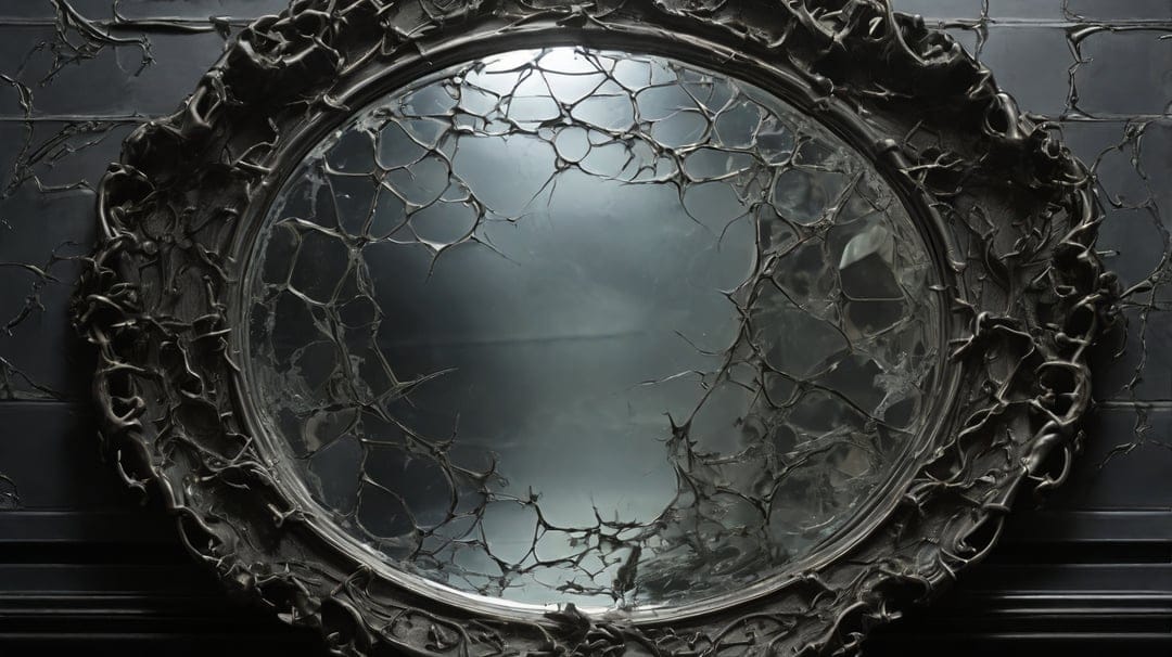 Ornate oval mirror with a shattered glass surface and dark carved frame against a textured black background.