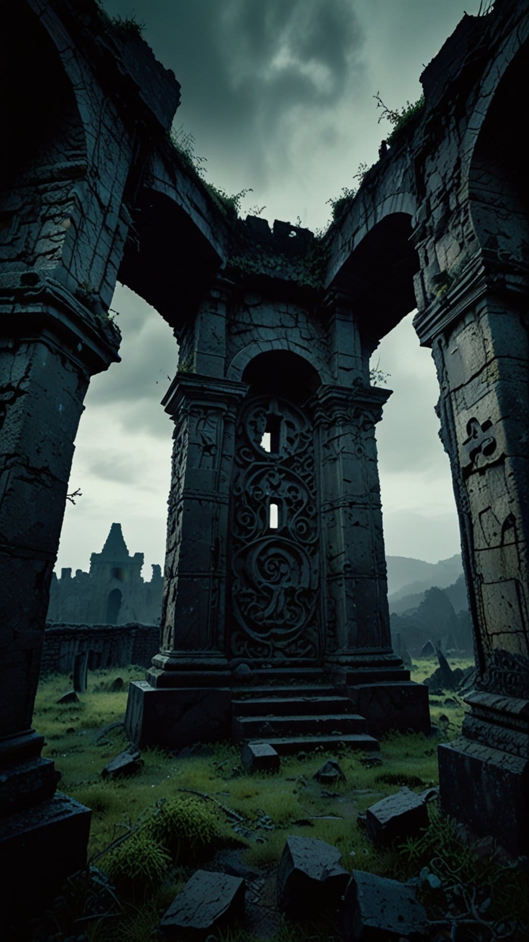 Crumbling stone arches and pillars rise from overgrown grass under a dark, overcast sky in a desolate landscape.