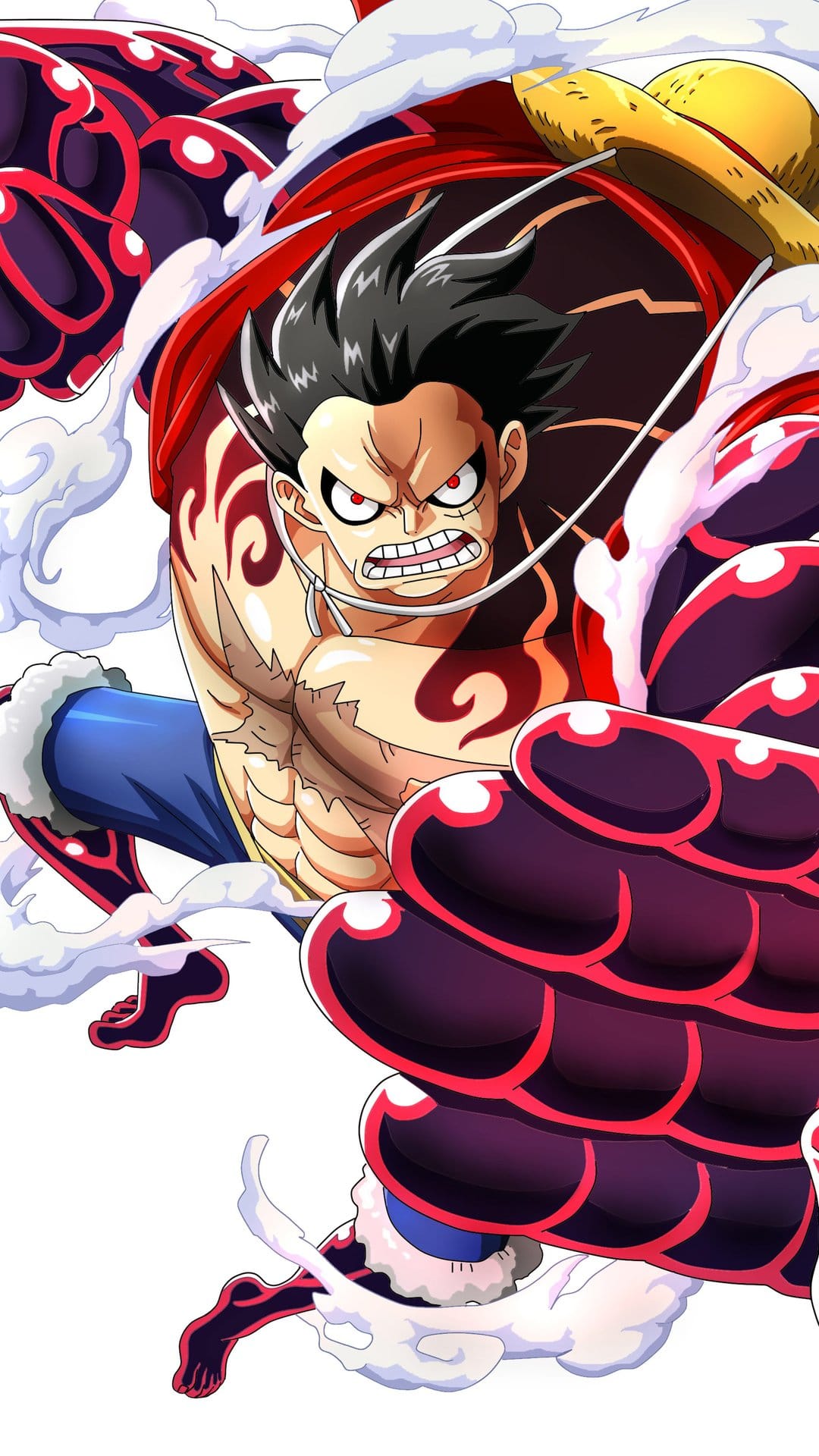Monkey D. Luffy in Gear Fourth Boundman form with massive haki arms and steam rising against a dark backdrop.