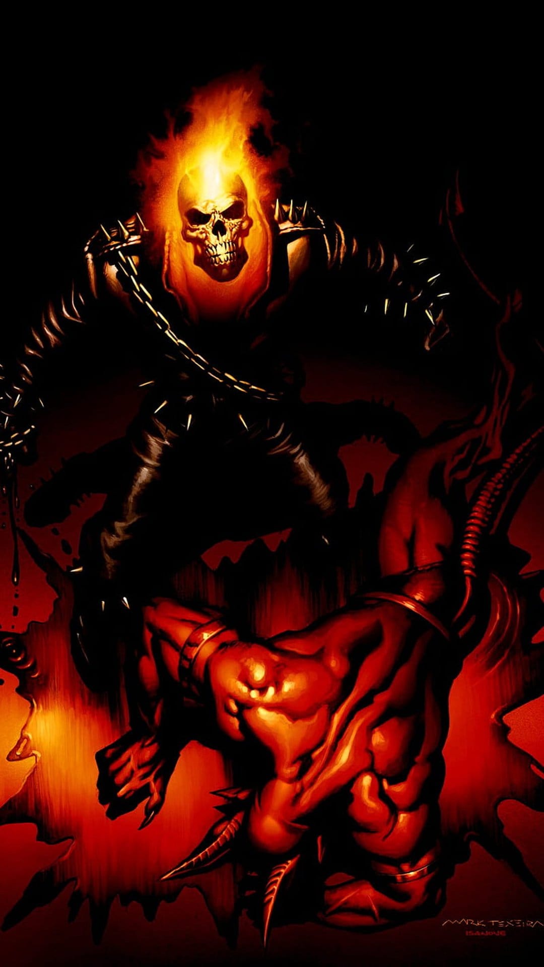 Ghost Rider swinging chains at a giant red demon amidst swirling hellfire and molten volcanic rocks.